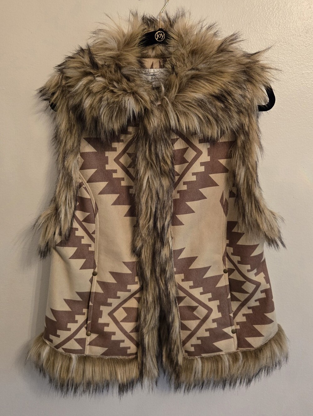 Tasha Polizzi Vest Brown Faux Suede Faux Fur Aztec Western Print Size Large